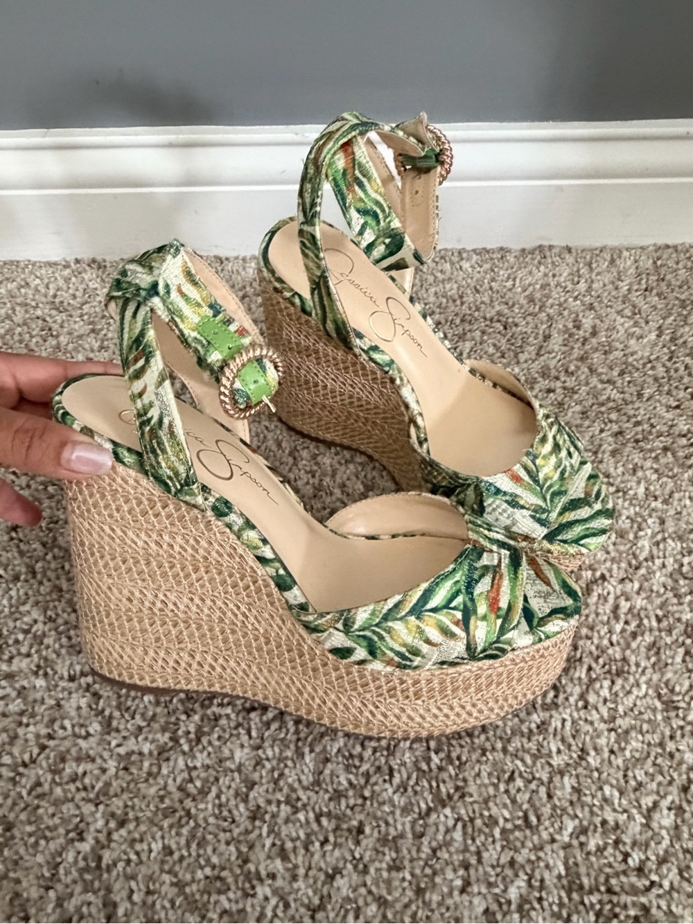 Jessica Simpson Green Leaf-Print Wedge Sandals with Ankle Strap